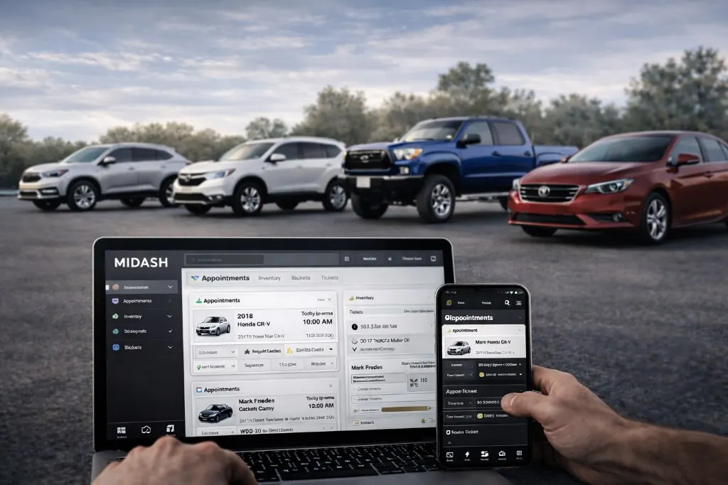 Hands using MIDASH dealership software on a laptop and phone with appointments on screen; cars on a forecourt in soft focus behind