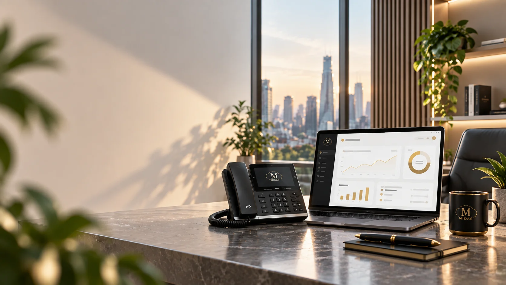 A Midas-connected workspace with a business phone and laptop overlooking the city at golden hour