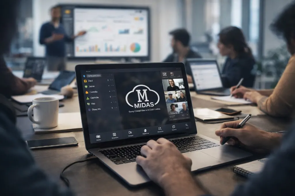 Team in a meeting using Midas on a laptop, with the Midas workspace on screen